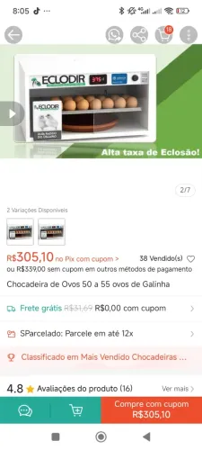 Chocadeira capacidade até 55 ovos 