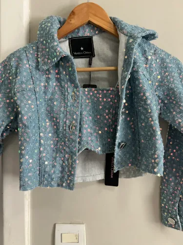 Conjunto jeans infantil (Jaqueta + cropped + short)