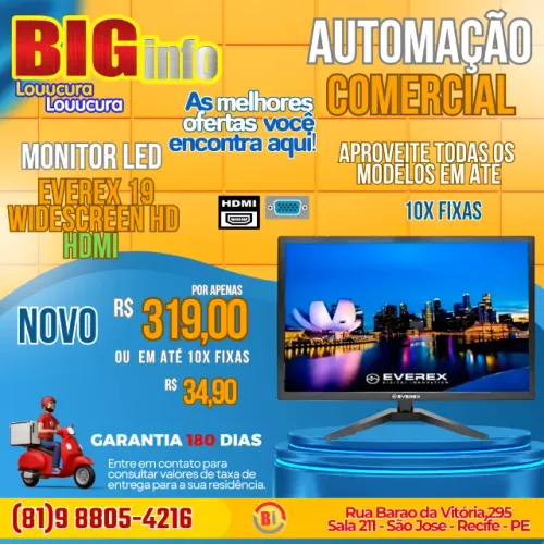 Monitor LED Everex 19" Polegadas FULL HD - HDMI - Em ate 10x Fixas