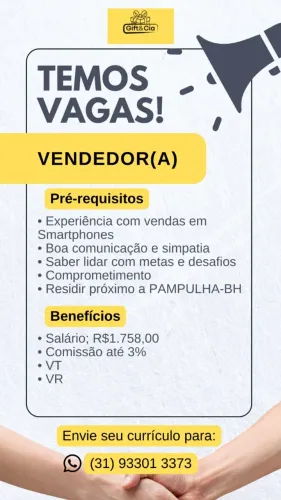 VAGA VENDEDOR(A) PAMPULHA