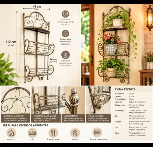 SUPORTE ORNAMENTAL DE PAREDE OU PISO,  PARA PLANTAS E DECORAÇÃO - 112X 43 CM