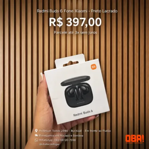 Fone Redmi Buds 6 Preto - Bluetooth - Cancelamento de ruído