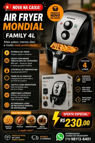 Fritadeira elétrica sem óleo Mondial, modelo Family 4L (AFN-40-BI), na cor preta com paine