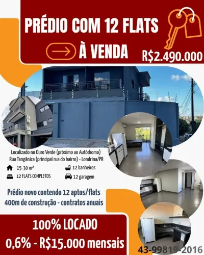 Prédio novo com 12 aptos/flats - 400 metros de construção - 100% locado 