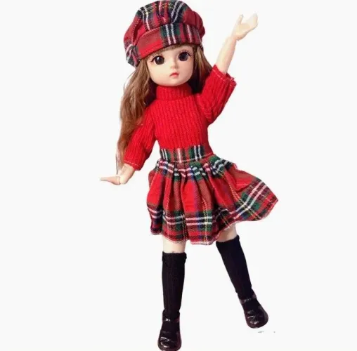 Boneca BJD 30cm com Roupas e Acessórios vestido vermelho 