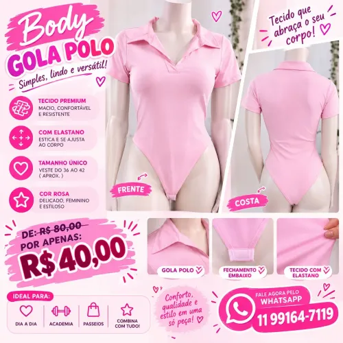 Body Feminino Gola Polo Rosa tecido premium