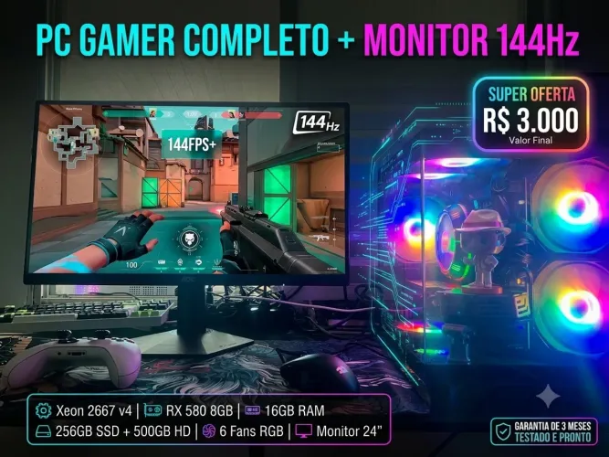 PC Gamer Completo + Monitor AOC 144Hz | Xeon 2667 v4 (8/16) | RX 580 8GB | 16GB RAM