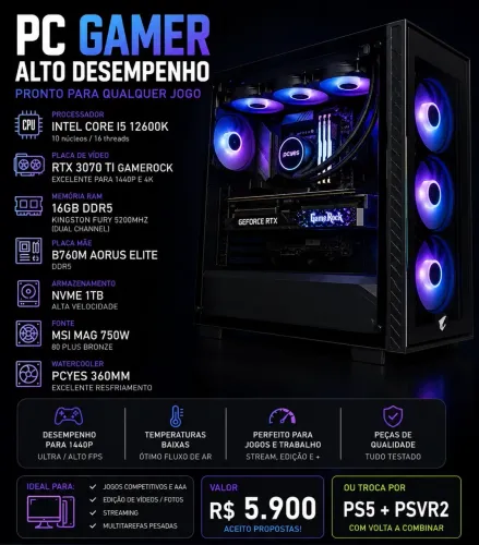 PC Gamer i5 12600K + RTX 3070 Ti Gamerock + DDR5 RGB | Troco por PS5 + PSVR2