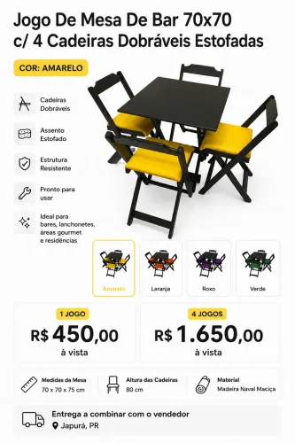 Jogo de Mesa de Bar 70x70 com 4 Cadeiras Dobráveis Estofadas