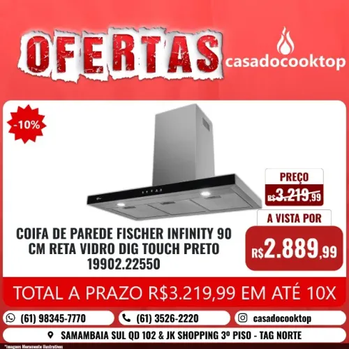 COIFA DE PAREDE FISCHER INFINITY 90 CM RETA VIDRO DIG TOUCH PRETO *