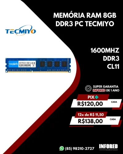 Memória RAM Tecmiyo 8GB DDR3 1600MHz