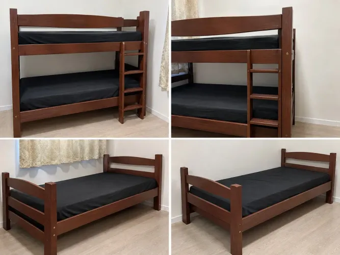 Litera de Madera Maciza Desmontable en 2 Camas Sencillas (Con Escalera y Baranda)