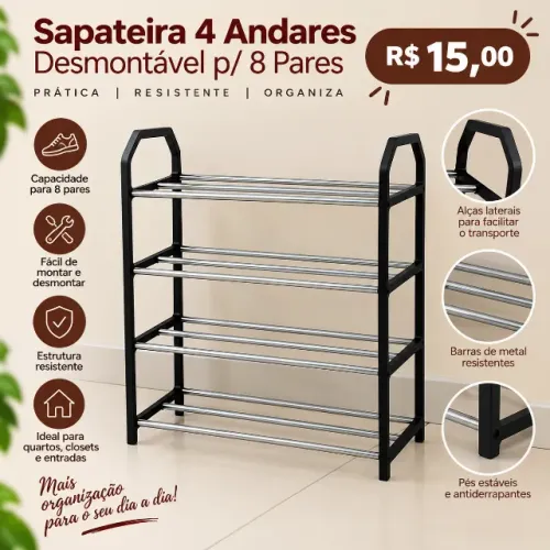 Sapateira 4 Andares Desmontável p/ 8 Pares