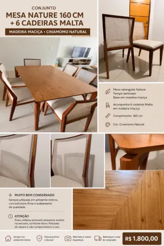 Mesa de Jantar Nature 160 cm + 6 Cadeiras Malta em Madeira Maciça