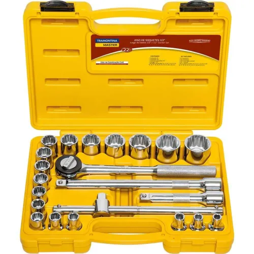 Jogo de soquetes estriados, encaixe de 1/2", 8 mm a 32 mm, com 22 peças, TRAMONTINA