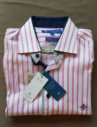 Camisa Dudalina branca com listras rosas Manga Longa Tam. 2 ou P
