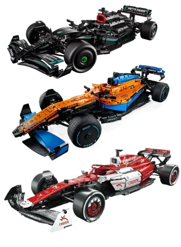 Kit com 3 carros de Fórmula 1 para montar (Mercedes W14, McLaren 2022 e Alfa Romeo C42)