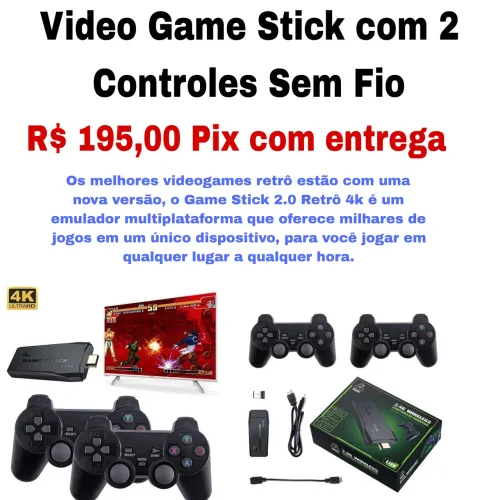 Game Stick 2.0 Retrô 4k com 2 Controles Sem Fio