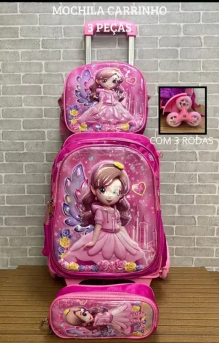 Kit mochila menina Carrinho Rodinhas 3 peças com 3 rodas