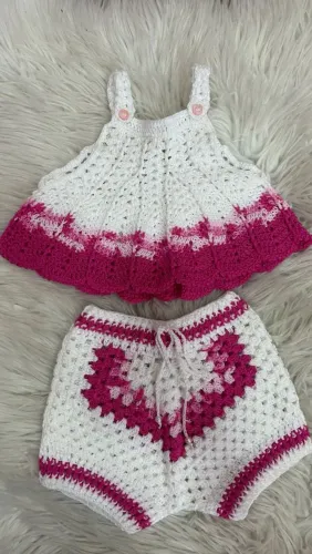 Conjunto de Crochê para Bebê - Rosa e Branco