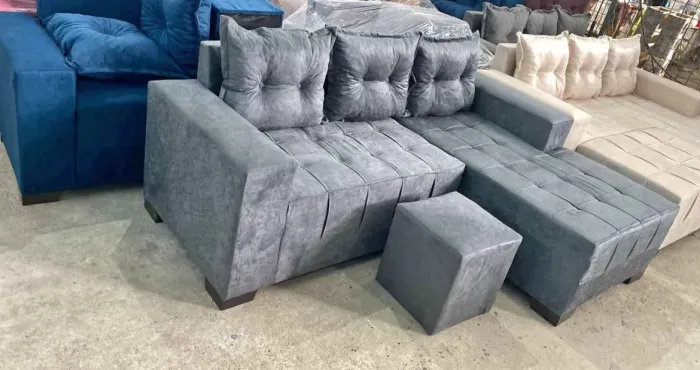 Sofá de canto cinza com puff sofá cama 