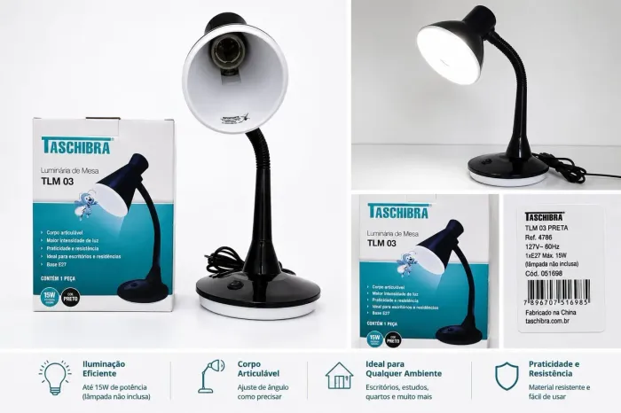 Luminária De Mesa Taschibra TLM 03 Preta Articulável Para Estudo e Escritório novo