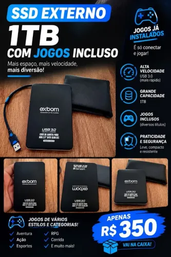 SSD EXTERNO 1TB COM JOGOS INCLUSOS + CABO USB 3.0 POR R$ 350