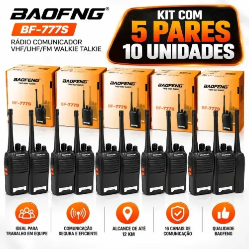 Kit 5 Par 2 Radio Baofeng 777s Walk Talk Comunicador 16 Canais