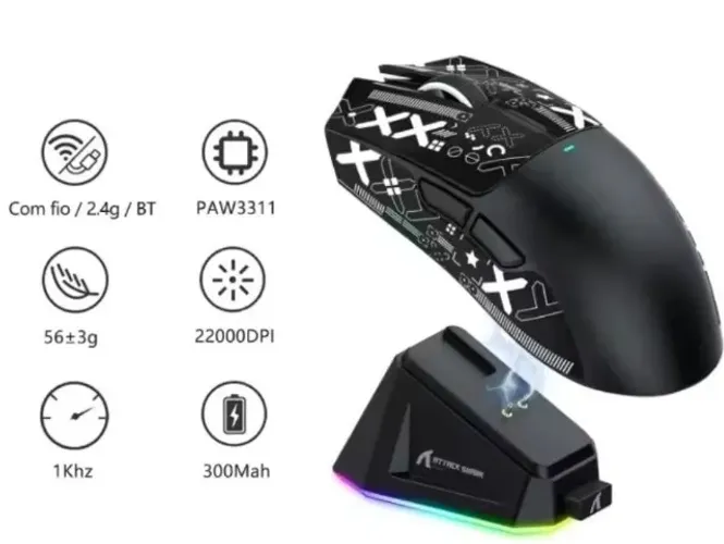 Mouse Gamer Attack Shark X11 Com Base de carregamento