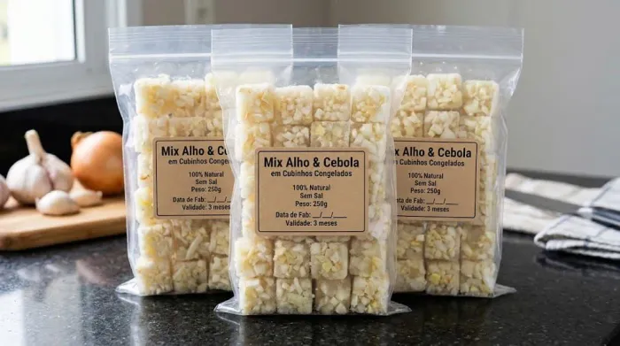 Alho e cebola congelados triturados