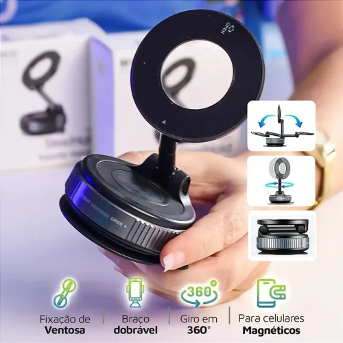 Suporte Magnético para Celular Veicular Dobrável com Ventosa a Vácuo 360° - Tomate