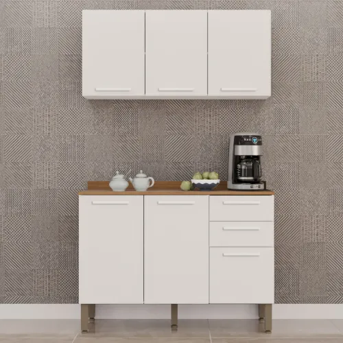 Armário Aéreo Triplo + Balcão New Valência Branco -pronto entrega 