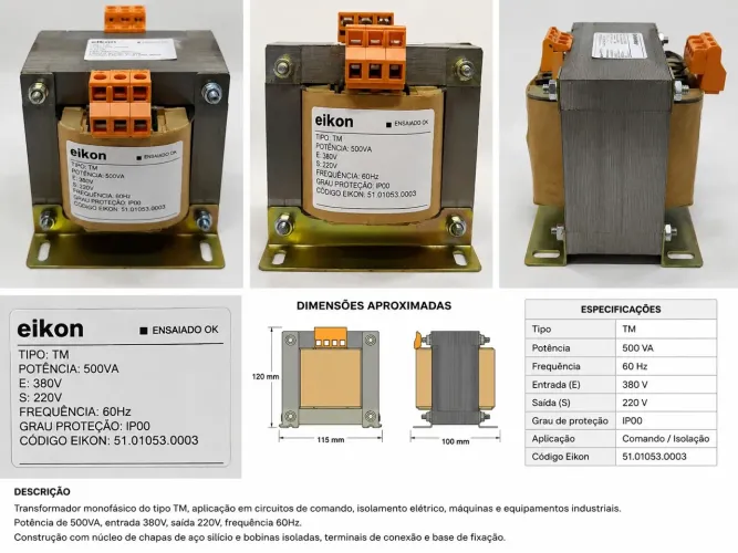 TRANSFORMADOR TIPO TM 500VA 380v 220v IP00