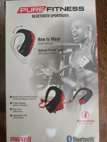 Fone Bluetooth Esportivo da Maxell. Modelo na cor preta e vermelha.