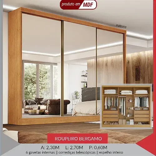 ROUPEIRO BERGAMO 3 PORTAS E 3 ESPELHOS 6 GAVETAS