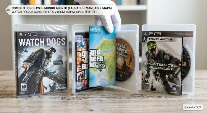 Combo 3 Jogos PS3 - Watch Dogs MANUAL LACRADO + GTA V (Com Mapa e Manual) + Splinter Cell