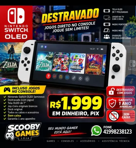 NINTENDO SWITCH OLED SEMINOVO DESTRAVADO COM JOGOS, GARANTIA, LOJA