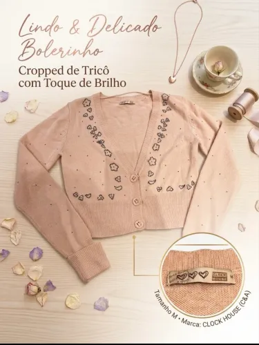 Bolerinho Cropped Rosa com Brilhos - Clock House - em lãzinha Tam M