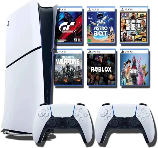 PS5 com vários jogos e 2 controles