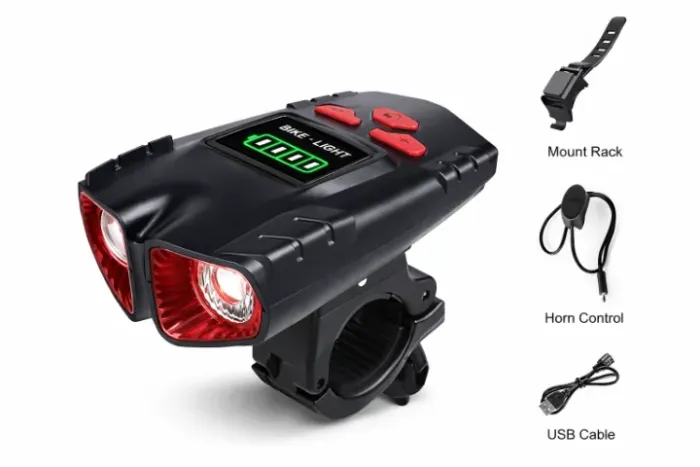 Farol de Bike Leds Potente Luatek LK-045A com Buzina e Medidor de Bateria