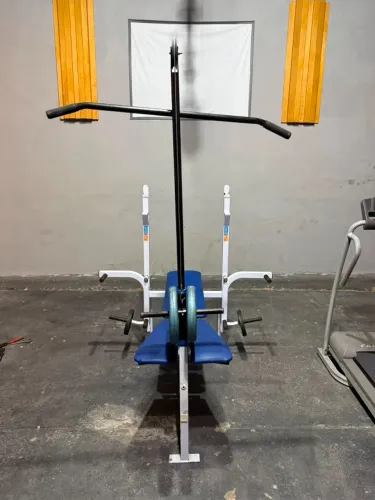 Estação de treino musculação + anilhas halteres + brinde