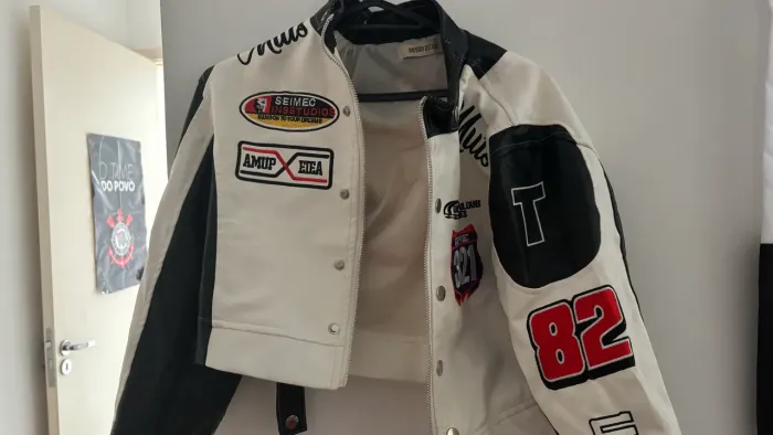 Jaqueta Moto Racing Vintage Off-White/Preto Tam M