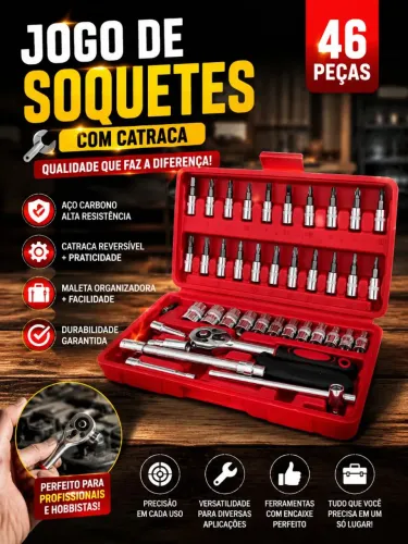 Jogo de Soquetes 46 Peças Aço CR-V com Catraca - Novo na Maleta