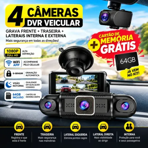 Câmera Veicular 4 Canais 1080p Wifi App Noturna 64gb