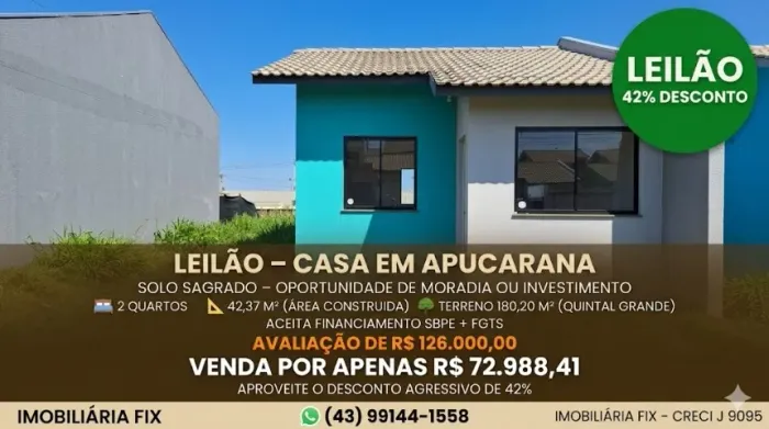  APUCARANA - Casa em Leilão / Solo Sagrado