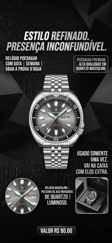 Relógio Masculino POEDAGAR Inox - Novo (Usado Apenas 1 Vez) + Caixa e Elos Extras