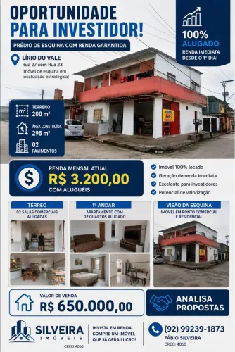 PRÉDIO DE ESQUINA - 100% ALUGADO - RENDA DE R$ 3.200/MÊS - LIRIO DO VALE