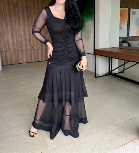 Vestido Longo Preto Drapeado em Tule - Luana Berlofa - Tam. G (44/46) - Usado 1x
