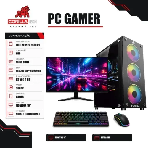 PC Gamer Completo Xeon E5 2650 V4 RX 560 4 GB 16GB SSD + Monitor - Gorilla Tech