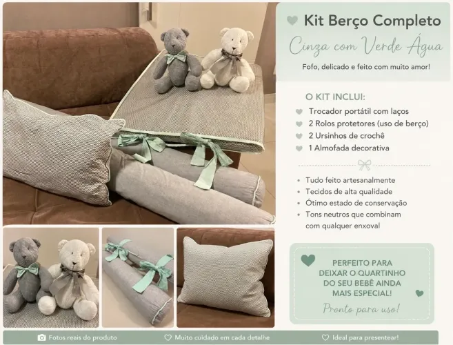 Kit de berço em tons de cinza e verde água 